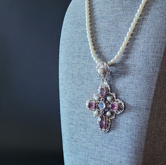 Nicky Butler Sterling Silver Pink Quartz Rhodolite Cross Pendant Pearl Necklace - Picture 6 of 16